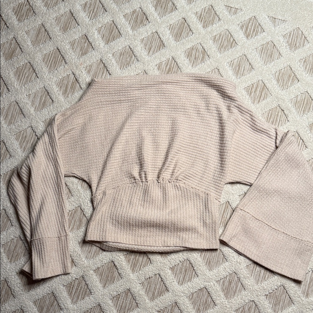 Beige Knit Sweater with Bell Sleeves - off the shoulder